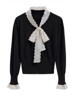 Embroidered Eyelet Bowknot Heart Button Fuzzy Knit Cardigan in Black