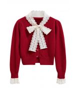 Embroidered Eyelet Bowknot Heart Button Fuzzy Knit Cardigan in Red