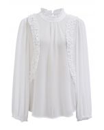 Ruffle Adorned Bubble Sleeves Chiffon Top in White