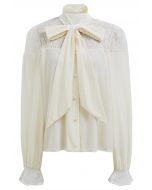 Floral Lace Spliced Bowknot Velvet Shirt in Cream