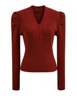 V-Neck Puff Shoulder Rib Knit Top in Red