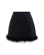 Feather Hem Faux Leather Mini Skirt in Black