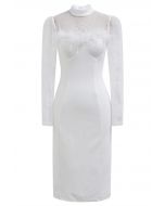 Lace Spliced Feather Trim Bodycon Midi Dress in White