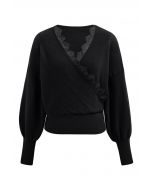 Lacy Faux-Wrap Knit Crop Top in Black