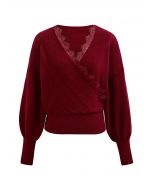 Lacy Faux-Wrap Knit Crop Top in Red