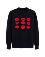 Red Lips Pattern Knit Sweater in Black