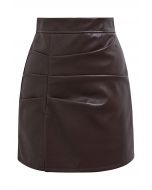 Faux Leather Pleat Detail Mini Skirt in Brown