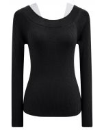 Color Blocked Neckline Knit Top in Black