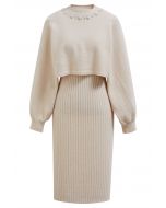Pearl Neckline Ribbed Knit Twinset Dress in Sand