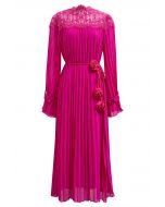 Rose String Lace Spliced Pleated Midi Dress in Hot Pink