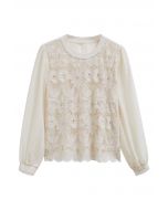 Floral Lace Embroidered Sheer Sleeve Top in Cream