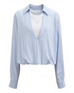 Necklace Decorated Fake Two-Piece Shirt in Light Blue