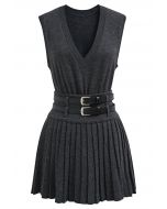 V-Neck Sleeveless Knit Top and Pleated Skirt Set in Smoke