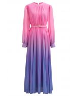 Pink-Purple Ombre Pleated Belt Chiffon Maxi Dress