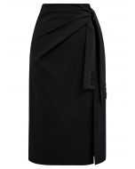 Self-Tie Sash Front Slit Skirt in Black