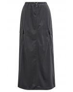 Faux Leather Cargo Maxi Skirt in Smoke