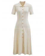 Collared Buttoned Short Sleeve Knit Midi Dress in Cream