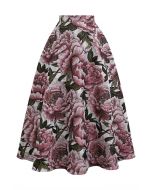 Graceful Pink Peony Jacquard A-Line Maxi Skirt