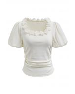 3D Flowers Neckline Bubble Sleeve Ruched Crop Top in White