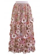 3D Floral Applique Mesh Tulle Maxi Skirt in Dusty Pink