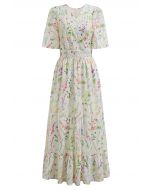 Watercolor Wild Flowers Printed Eyelet Embroidered Faux-Wrap Dress