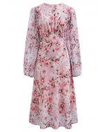 Cherry Blossom Printed Puff Sleeve Chiffon Midi Dress