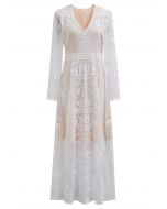 V-Neck Floral Embroidered Mesh Maxi Dress in White