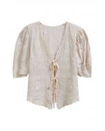 Lace Up Floral Embroidery Cotton Top in Linen