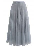 Venus Glitter Mesh Tulle Midi Skirt in Grey