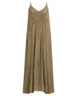 Texture V-Neck Frilling Hem Cami Midi Dress in Tan