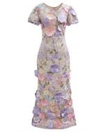 3D Floral Applique Mesh Tulle Mermaid Maxi Dress in Lavender