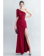 Bowknot One-Shoulder Embroidered Split Gown in Burgundy