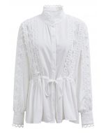 Cutwork Crochet Trim Button Down Peplum Top in White