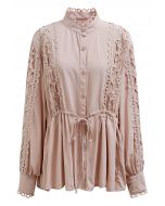 Cutwork Crochet Trim Button Down Peplum Top in Dusty Pink