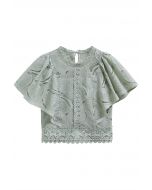 Leaves Cutwork Lace Flutter Sleeve Top in Pea Green