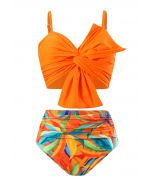 Front Knot Ruched Bikini Set in Orange Print