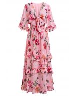 Pink Blossom Tie-Front V-Neck Maxi Dress