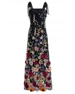 3D Floral Applique Tie-Strap Mesh Tulle Maxi Dress in Black