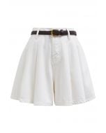 Summer Staple Pleated Belt Denim Shorts in White