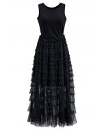 Tiered Mesh Spliced Sleeveless Maxi Dress in Black