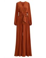 Sash Adorned Wide Leg Pleated Jumpsuit in Orange