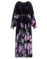 Blossoming Day Watercolor Pleated Maxi Dress in Black