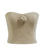 3D Rose Shirred Back Tube Top in Light Tan