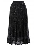 Luster Sequin Frilling Midi Skirt in Black