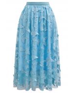 Loveliness 3D Butterfly Embroidered Mesh Tulle Midi Skirt in Blue