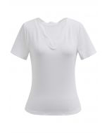 Scalloped V-Neck Short Sleeve T-Shirt in White