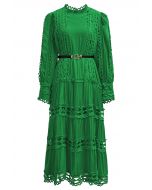 Belted Cutwork Lace Trim Bubble Sleeve Midi Dress in Green