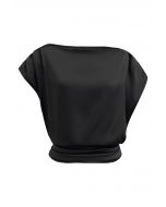 One-Shoulder Shirred Back Satin Top in Black