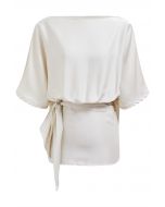 Boat Neck Tie-Waist Satin Top in Ivory