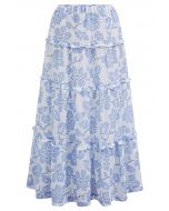 Sunny Blooms Ruffle Trim A-Line Skirt in Blue